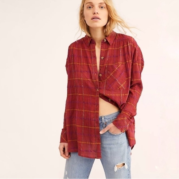 Free People Break My Stride red plaid shirt button down oversized medium - Picture 1 of 8